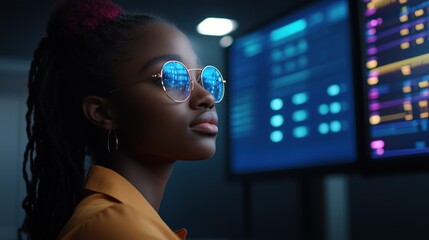 A young woman is focused on various digital screens displaying data in a contemporary workspace, illuminated by soft blue LED lights as evening falls