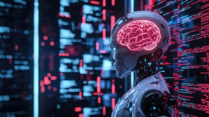 A humanoid robot with a holographic brain, surrounded by computer code and digital screens displaying data. The background is dark blue