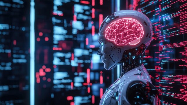 A humanoid robot with a holographic brain, surrounded by computer code and digital screens displaying data. The background is dark blue