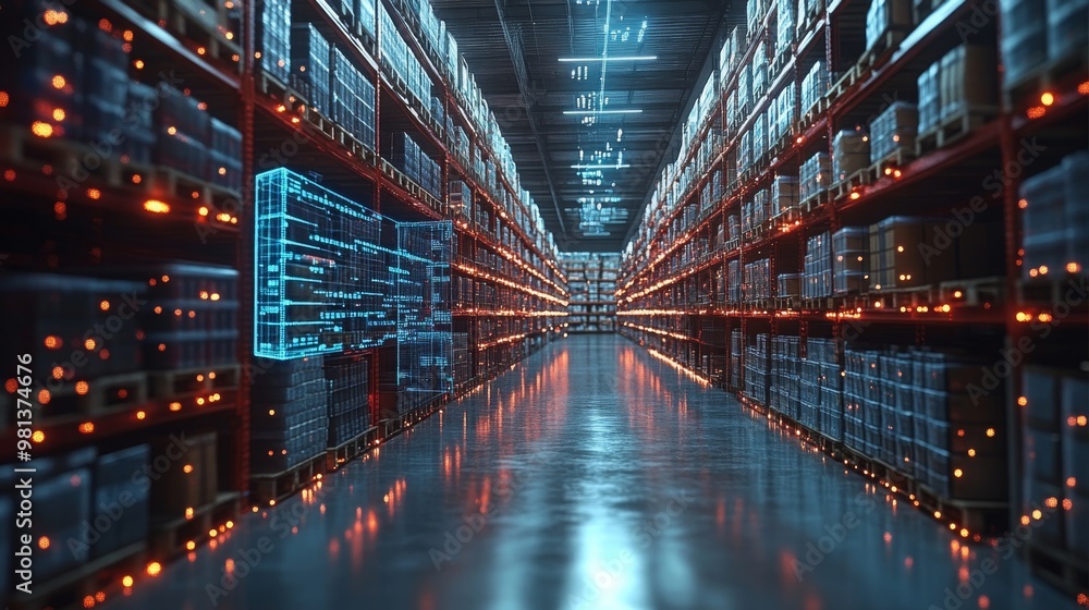 Aufkleber ai systems analyzing data in a modern warehouse for predictive analytics at night