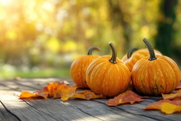 Warm Autumn Table Setting with Pumpkins and Leaves