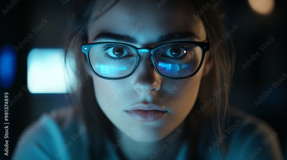 Aufkleber a female coder wearing glasses intently focuses on her screen, her face softly illuminated in a diml