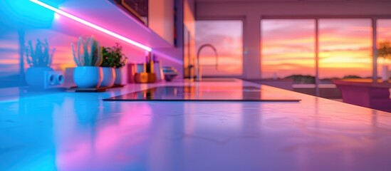 Stunning modern luxury villa interior with infinity pool and breathtaking sunset view  Serene and tranquil tropical patio atmosphere with nature inspired decor and glass furniture