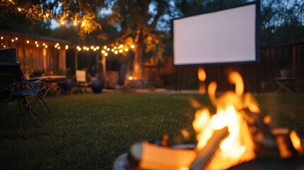 A cozy backyard is illuminated by string lights as a large white screen stands ready for an evening of entertainment, framed by a crackling campfire