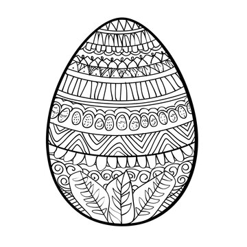 recommend clip art: A detailed, decorative black-and-white Easter egg illustration featuring intricate patterns and leaf designs.