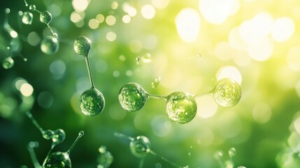 Abstract 3D render of water molecules in a green and bright background.