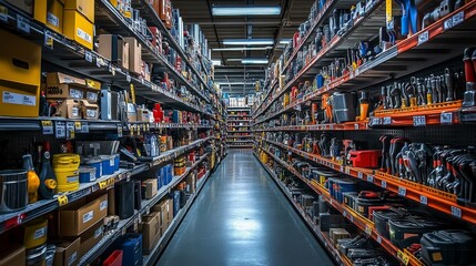 An aisle in a hardware store displays neatly organized industrial tools and supplies, providing a wide selection for customers in search of quality equipment