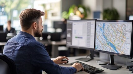 A man sits at a desk in a contemporary office, focused on analyzing information displayed on two large computer monitors with maps and data visuals