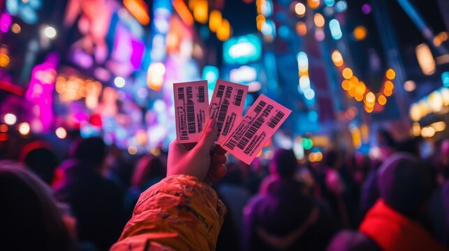 Under the dazzling lights of Times Square, a person joyfully holds three event tickets up high, embodying the vibrant energy of the nightlife
