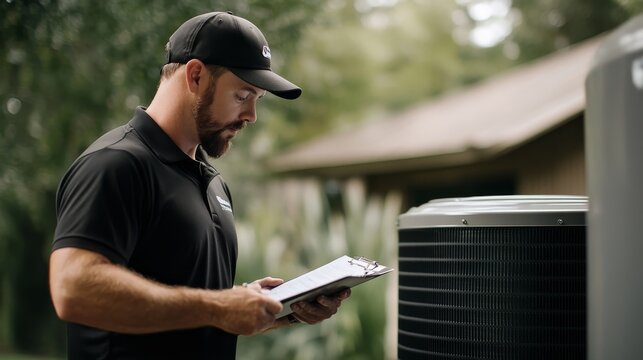 An HVAC technician in a black shirt and baseball cap carefully inspects a large outdoor air conditioning unit while taking notes on a clipboard in a residential setting