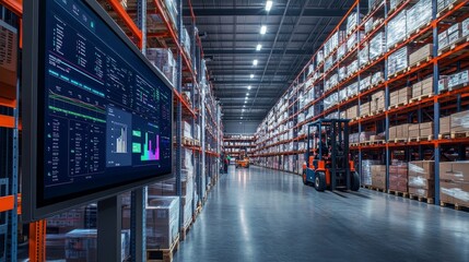 A large flat screen shows real-time inventory data while workers operate forklifts in a busy, high-tech distribution center, enhancing efficiency and productivity