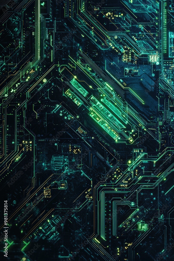 Poster futuristic circuitry background with glowing green and blue patterns for tech branding and design