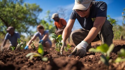 A group of dedicated volunteers works together to plant small saplings in a deforested area, promoting environmental restoration and sustainability