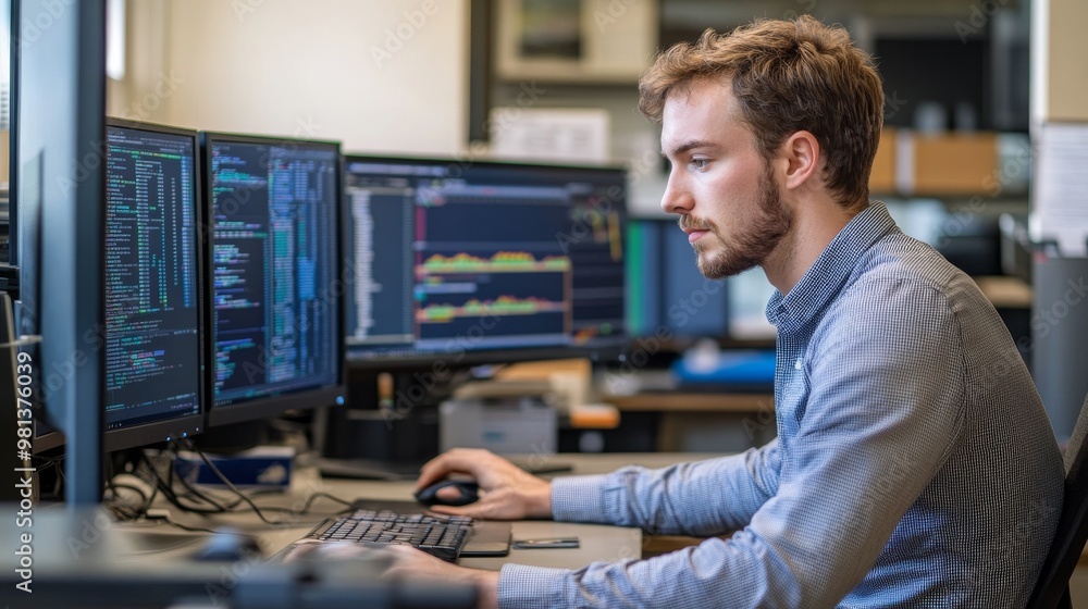 Poster a focused professional works diligently at a desk with three computer monitors displaying coding and