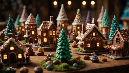 Fantasy land with dessert houses and chocolate trees.