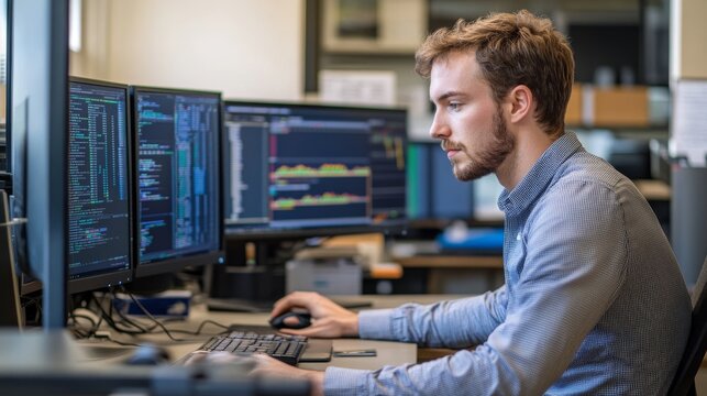 A focused professional works diligently at a desk with three computer monitors displaying coding and data analysis, surrounded by an organized office environment