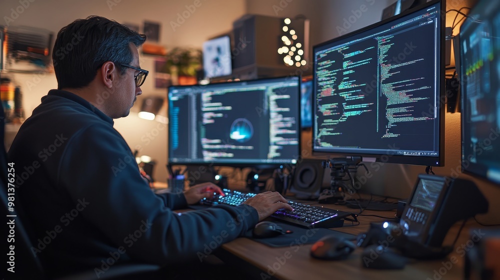 Poster the software engineer diligently types on a keyboard, surrounded by dual monitors displaying lines o