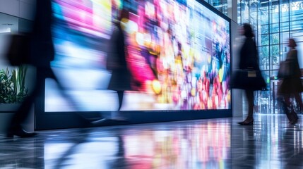 In a bright corporate lobby, a large digital screen showcases colorful promotional content while office workers walk by, creating a dynamic atmosphere filled with energy