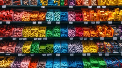 Colorful building blocks are organized in neat rows on store shelves, showcasing a variety of hues that invite creativity and playfulness for shoppers