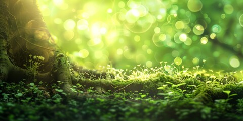 Obraz premium Abstract background with tree roots and green bokeh background with blurred lights, soft highlights.