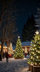 Festive Christmas tree market at night with light-wrapped trees and snow.