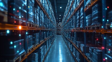 Naklejka premium Analyzing trends in a modern warehouse filled with data-driven storage solutions