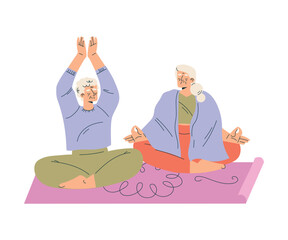 Nursing Home with Retired Woman Friend Character on Mat Do Yoga Vector Illustration