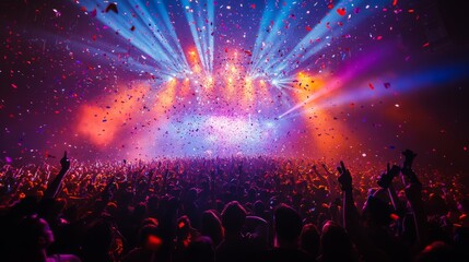 A brightly lit concert stage features a burst of colorful lights while confetti showers down on a...