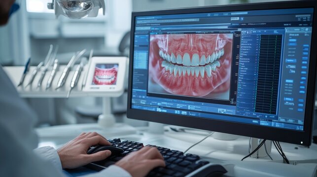 A dental professional is engaged with smile design software on a computer, meticulously analyzing patient images to create optimal dental solutions in a contemporary clinic
