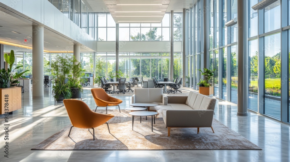 Poster the office space features an inviting layout with large windows flooding the area with natural light