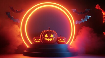 Happy Halloween 3D stage design with podium neon lights pumpkins bats and ghosts A creative web banner or poster design with a festive atmosphere