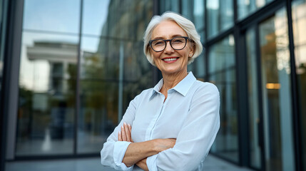Mature businesswoman is smiling with her arms crossed in front of a modern office building