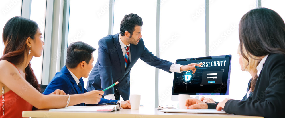 Poster cyber security system on computer screen protect private information snugly from hacker and cyber at