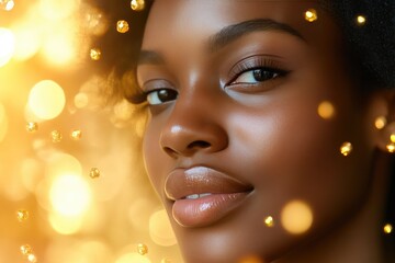 Skincare Excellence: Black Woman with Floating Golden Serum on Light Backdrop