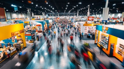 The exhibition hall features a diverse array of booths and displays, where visitors actively engage with vendors and explore various products