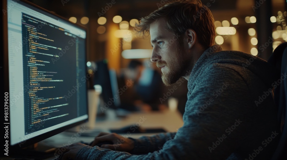 Poster a focused developer is actively coding at a desktop computer in a softly blurred office setting, hig