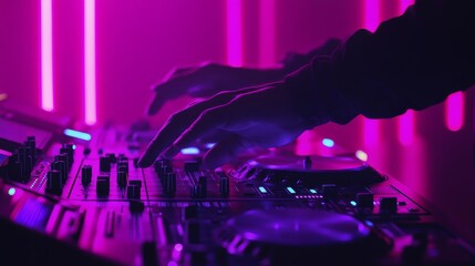 Hands expertly blend music on a turntable console, surrounded by dynamic purple lighting, creating...