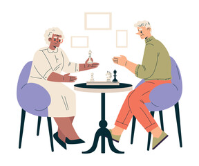 Nursing Home with Retired Man and Woman Character Play Chess Vector Illustration