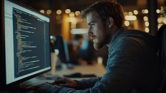 A focused developer is actively coding at a desktop computer in a softly blurred office setting, highlighting the late evening atmosphere and creative energy