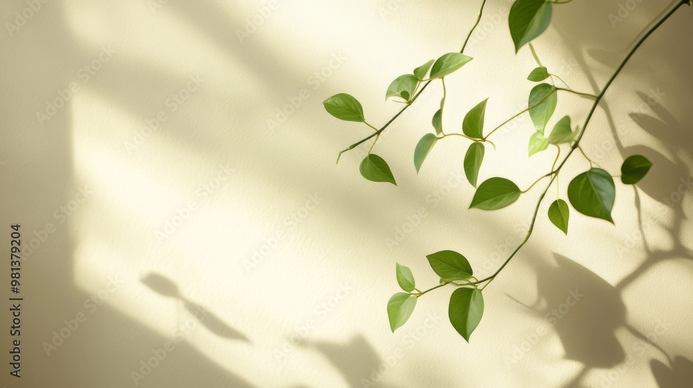 Poster a green vine gracefully hangs in a closeup view, casting soft shadows on a smooth neutral background