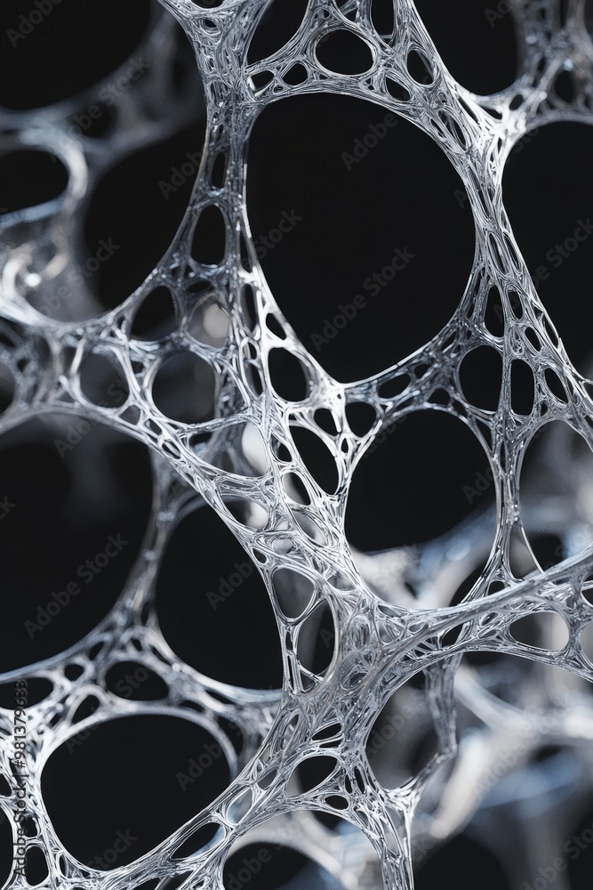 Poster futuristic metallic web patterns on dark background for cybersecurity network technology design