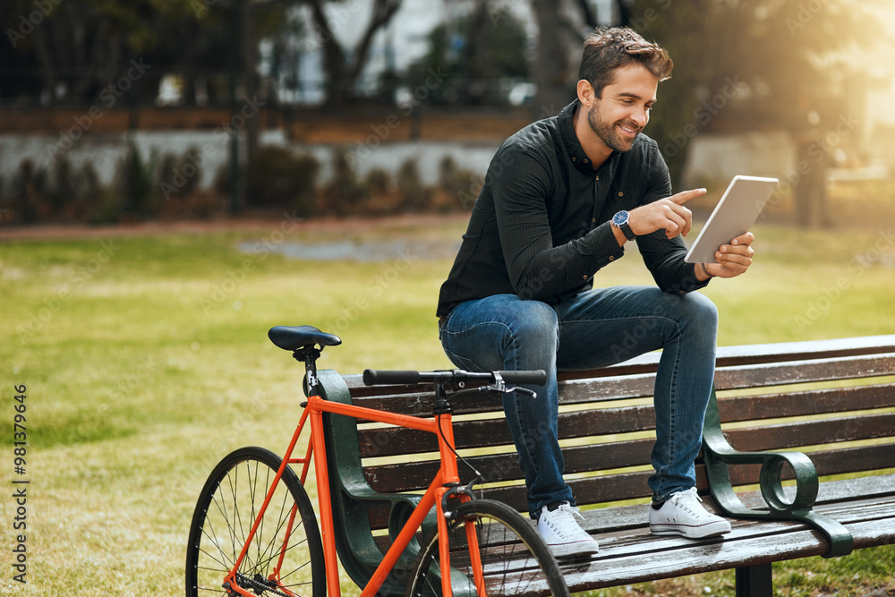 Poster bike, tablet and relax with man in park for communication, social media or connection. networking, n