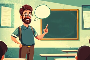 Teacher Smiling Next to Chalkboard with Speech Bubble – A Cartoon Illustration Representing Classroom Teaching, Education, and Knowledge Sharing