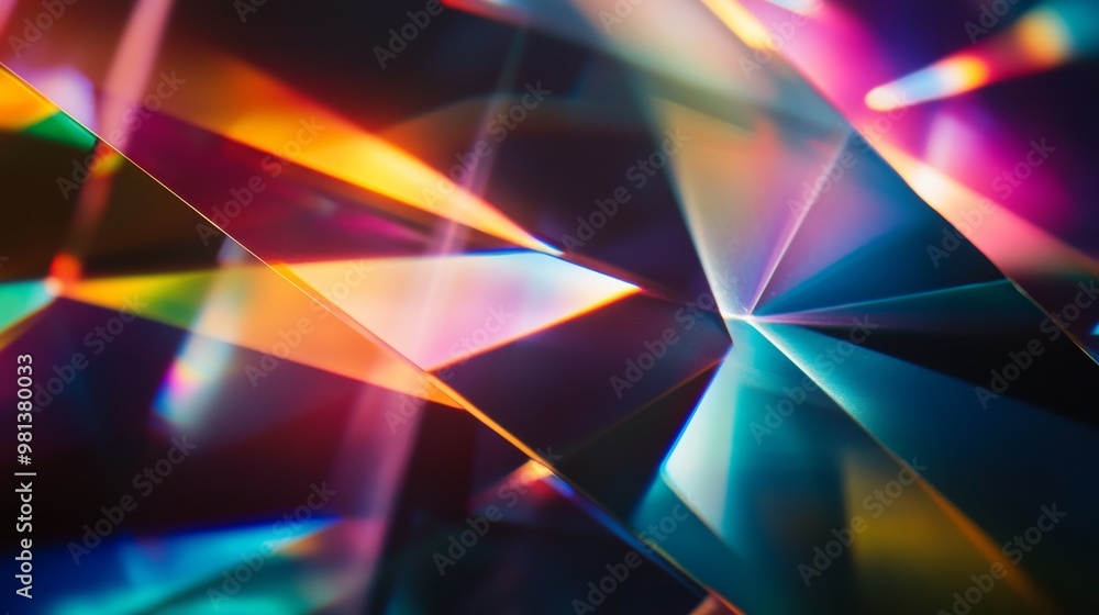 Poster light passing through a prism casts colorful geometric reflections onto a black surface, showcasing 