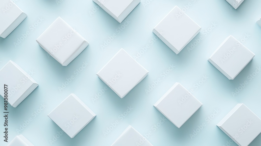 Poster multiple white gift boxes of different sizes are arranged in a precise layout on a soft pastel backg