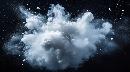 A cloud of white powder explodes, looking like a burst of snow, making a scene that's exciting and full of action.