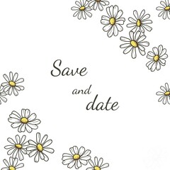Background with beautiful flowers daisies. Holiday cards banner frame border, decor poster cover. Hand drawing line art style 