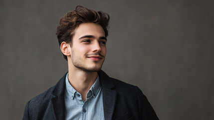 Fototapeta premium Young man with a jacket is smiling subtly while looking away from the camera