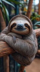 Relaxed Sloth Resting on Tree Branch in Nature