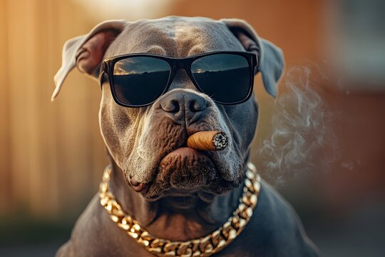 serious and cool dog smoking cigar and smoke around him and wearing black sunglasses and gold chain around his neck
